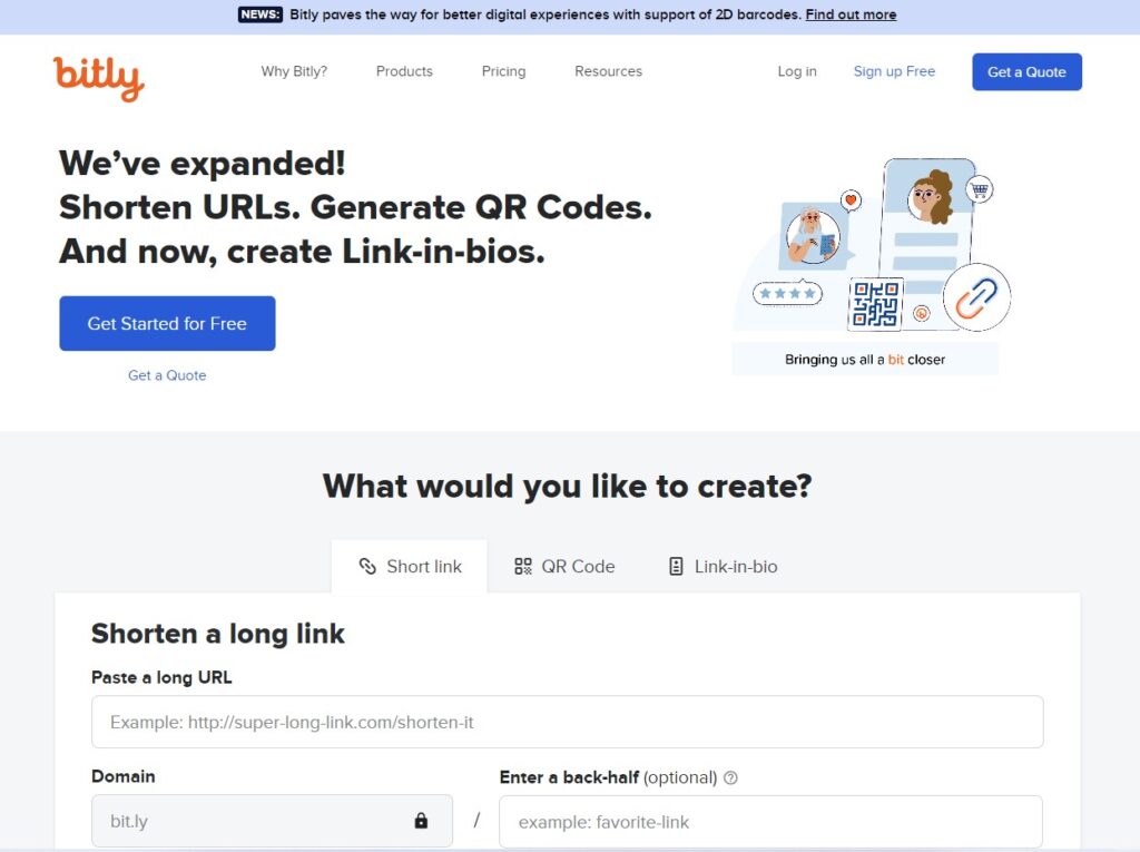 Use Bitly to shorten your links and generate QR Codes for your sites. 